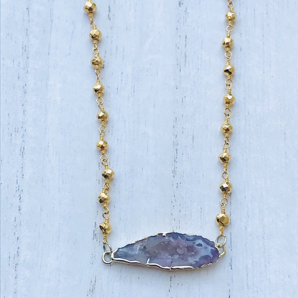 Luvleigh Designs - agate slice & gold pyrite necklace